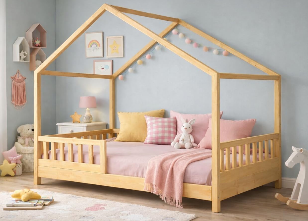 Lit cabane enfant en bois naturel 90x190 avec barrières, décoré dans une chambre