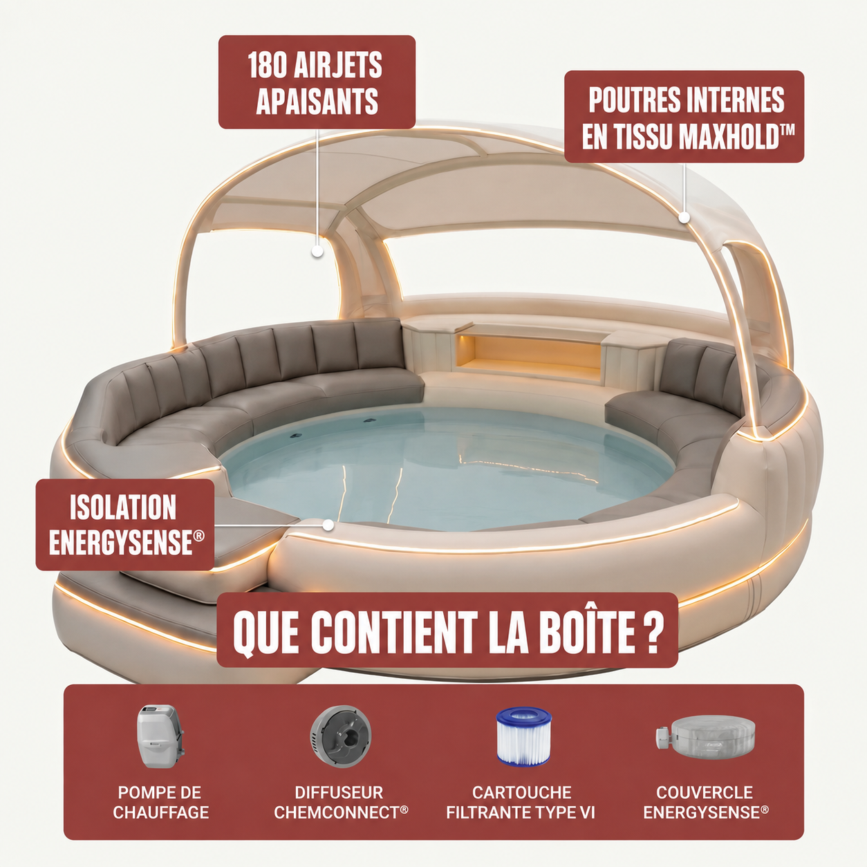 Spa gonflable de luxe avec auvent et éclairage d'ambiance