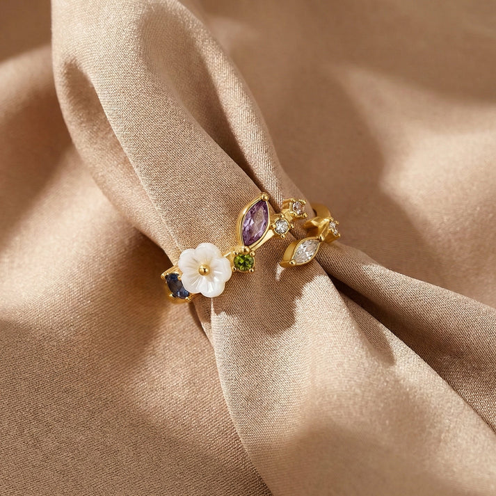 White Crystal Flower Ring in Gold