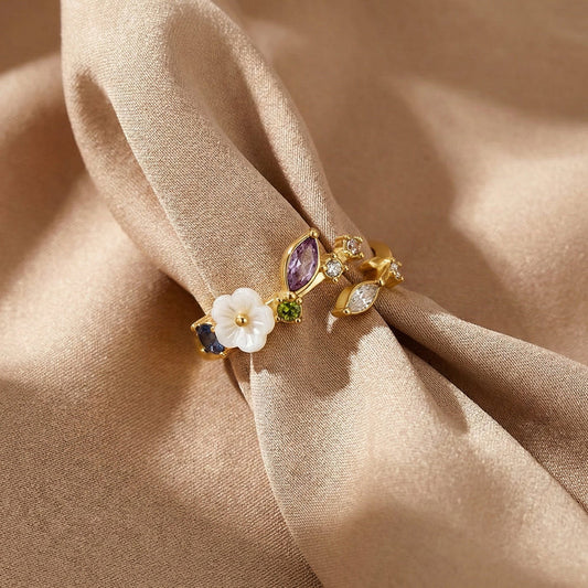 White Crystal Flower Ring in Gold