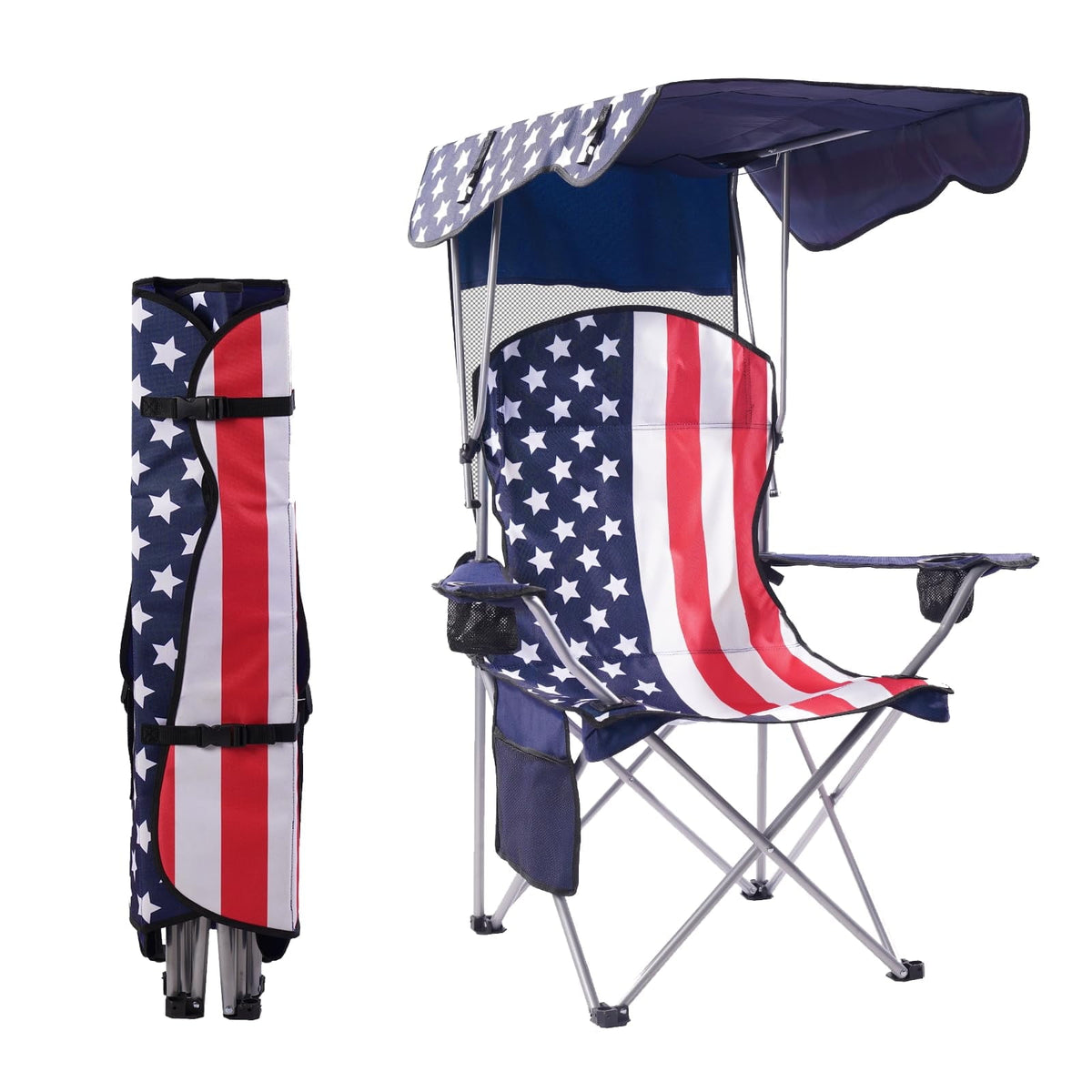 Folding canopy chair in American Flag print with its carry bag
