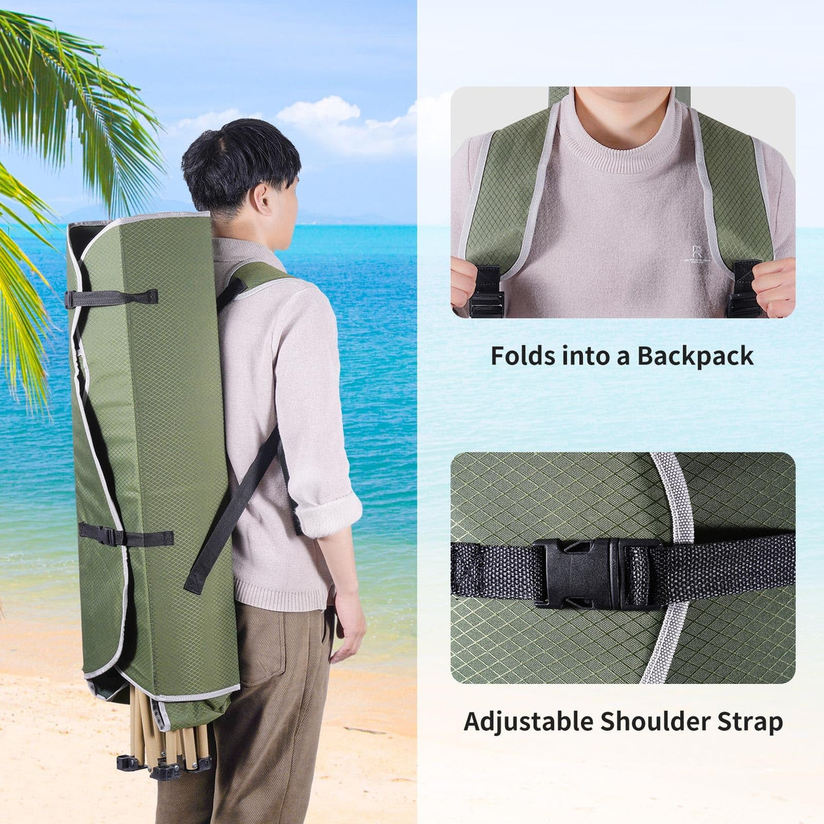 Carried like a backpack with adjustable shoulder straps