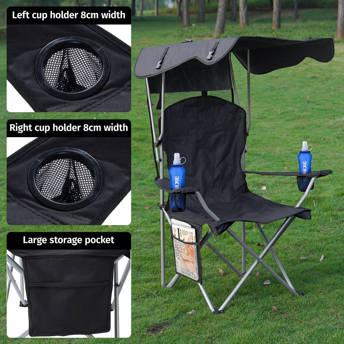 Two mesh cup holders and a large storage pocket