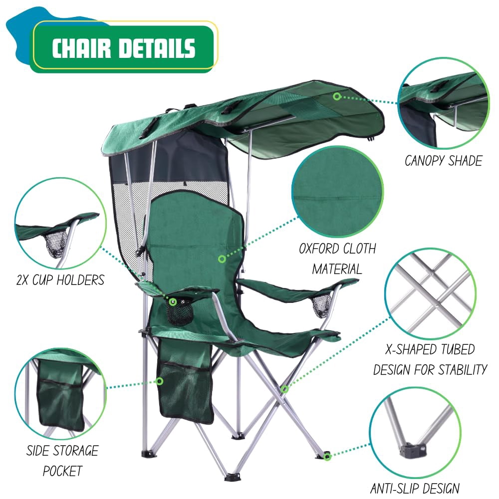 Chair details: canopy shade, 2 cup holders, Oxford fabric, side storage pocket, X-frame, anti-slip feet