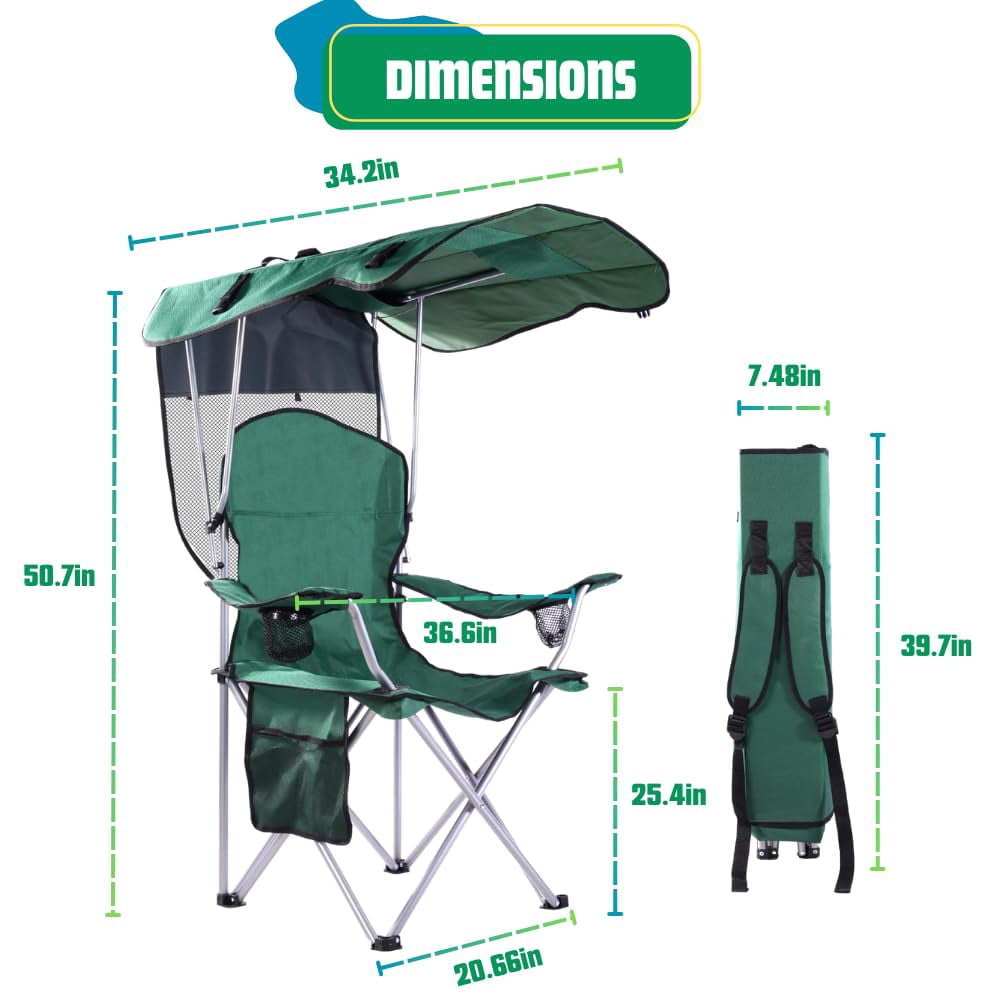 Dimensions: 50.7 in tall, 34.2 in canopy, 25.4 in seat height; folds to 39.7 x 7.48 in