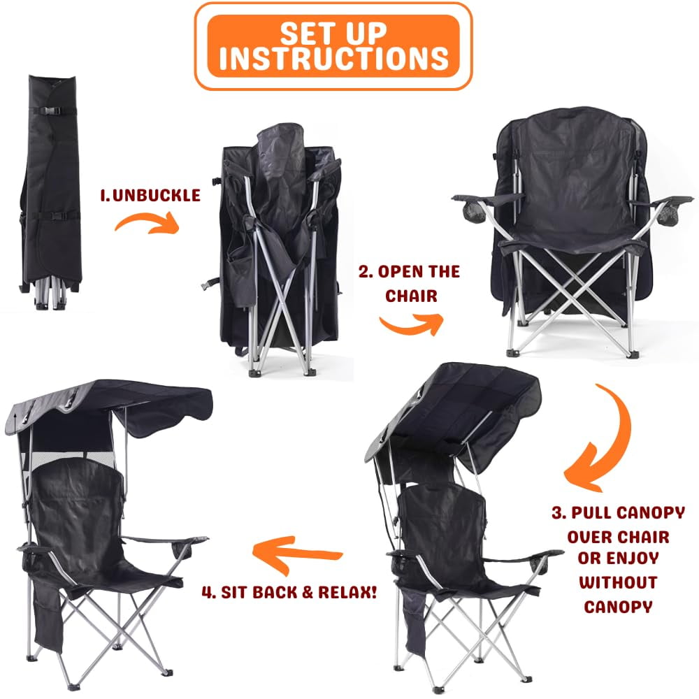 Set up in four steps: unbuckle, open, pull the canopy over, sit back