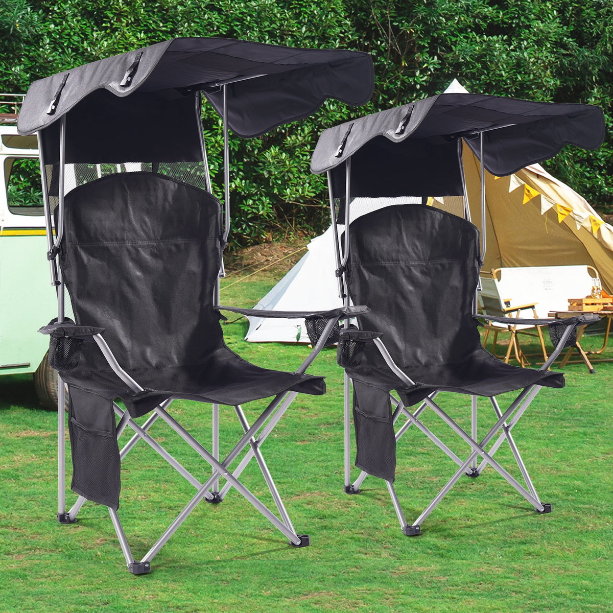 Two Black canopy chairs at a campsite