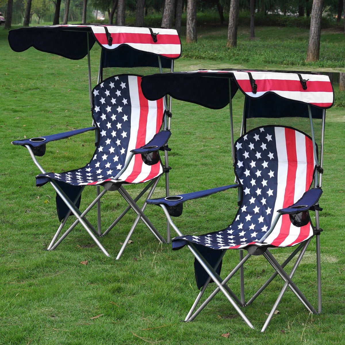 Two American Flag canopy chairs on the grass