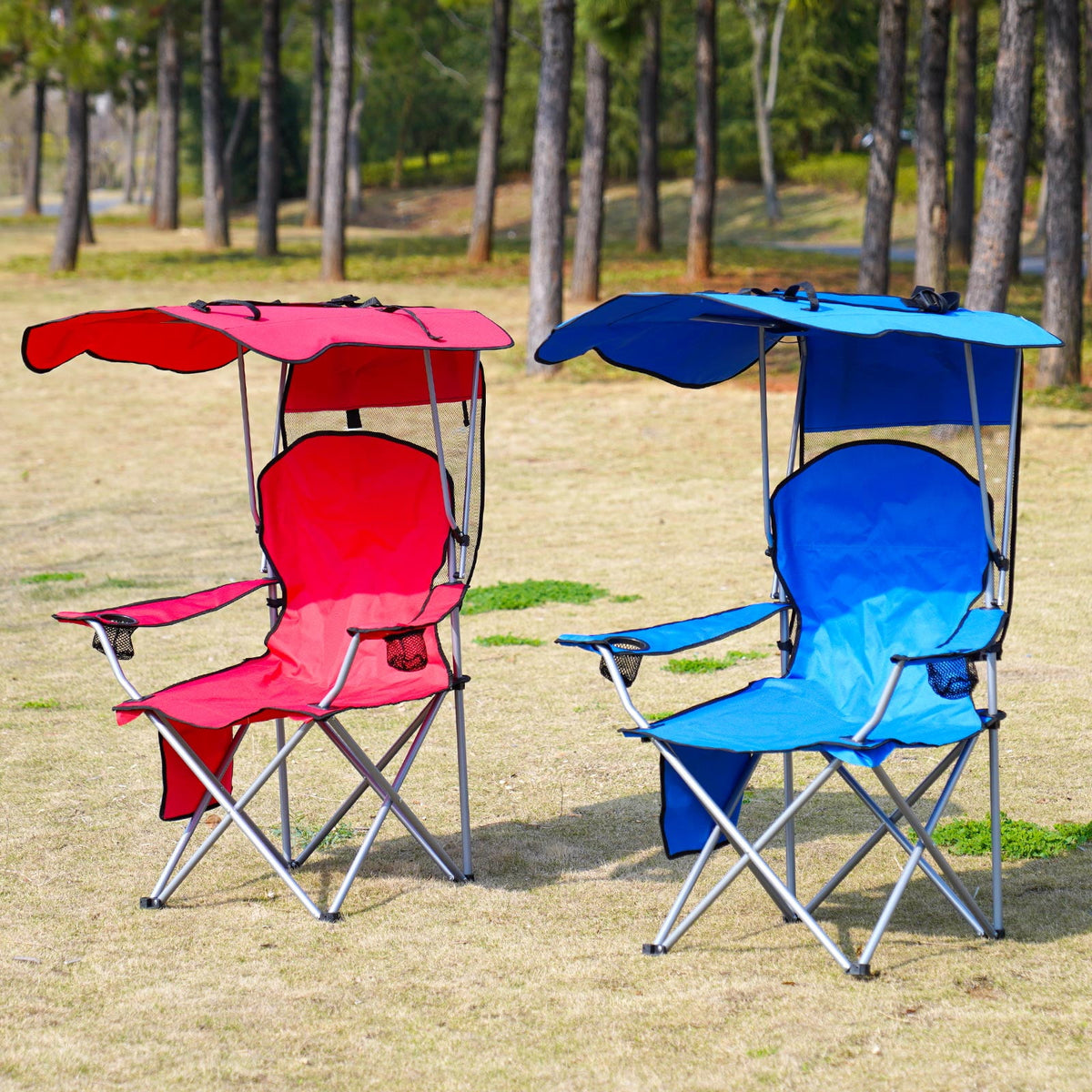 Red and Blue canopy chairs on the grass