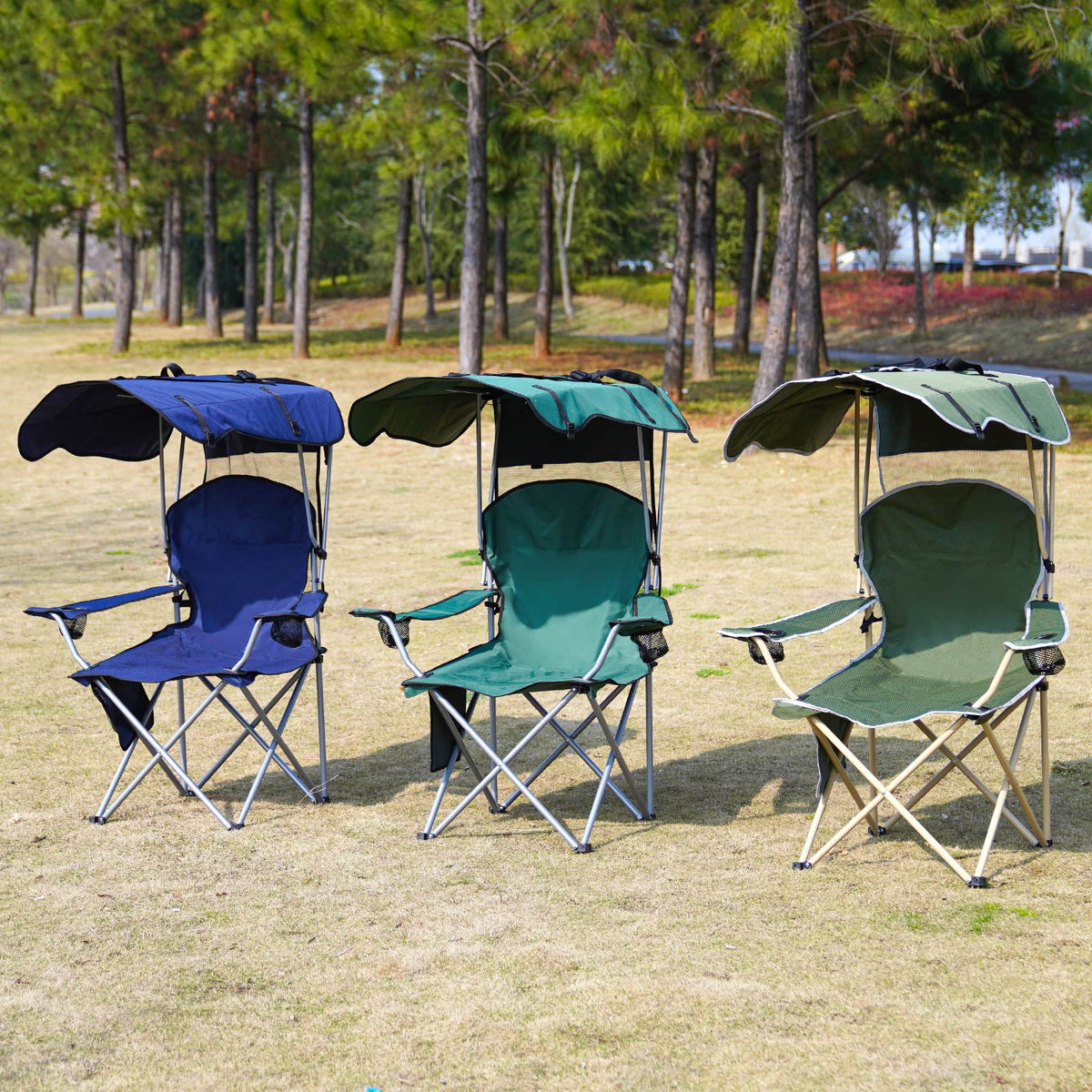 Blue, Green and Olive Green canopy chairs outdoors