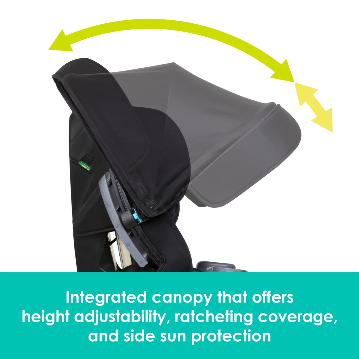 Integrated canopy adjusts in height and coverage
