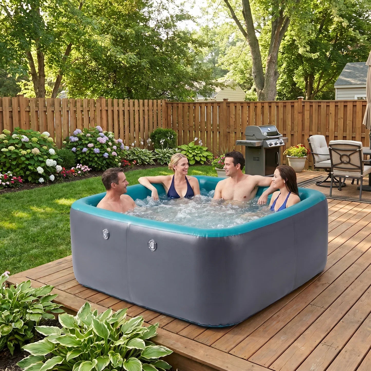 Spa gonflable carré gris avec 4 adultes sur une terrasse