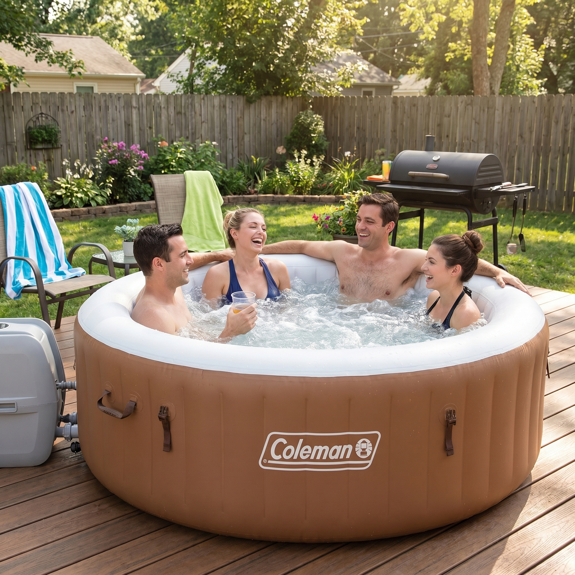 Spa gonflable rond Coleman SaluSpa avec 4 adultes dans le jardin