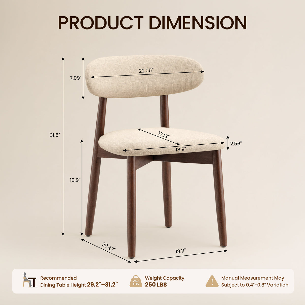Dimensions: 31.5 in tall, 18.9 in seat height, 250 lb capacity