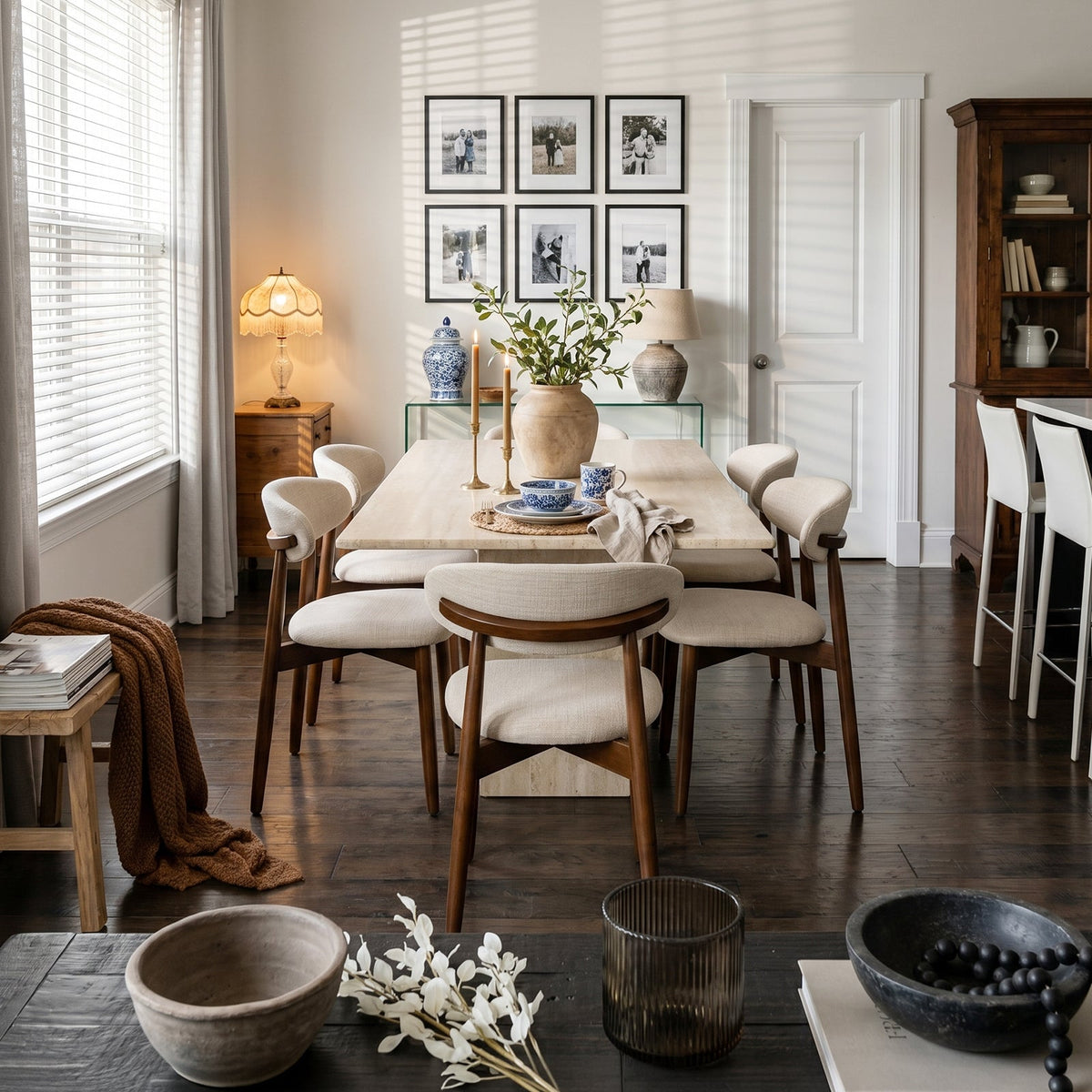 Beige dining chairs around a long dining table