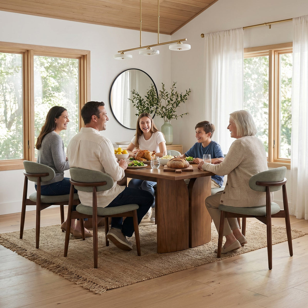 Green dining chairs around a family dining table